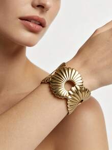 Hammered Open Cuff Stainless Steel Bracelet Women Wide Geometric Oval Chain Link Feather Bold Bangle Four Leaf Textured Adjustable Elegant Modern Gift - Bracelet - View 12