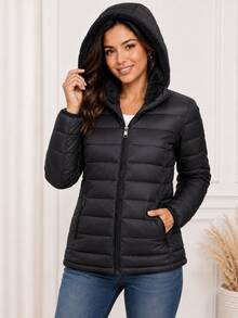Women's Plush Puffer Jacket With Faux Fur Lining, Hood With Removable Fur, Suitable For Cold Winter And Waterproof. - 黑色帽子無絨 - 查看 4