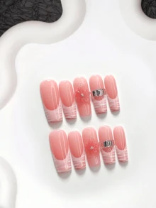 10片裝軟質手工穿戴甲，Polygel美甲套組，水鑽花卉條紋粉色與白色美甲，甜美風，含美甲工具，3種尺寸可選，杏仁/鴨嘴/棺材形，適合派對、跳舞、日常配戴 - 彩色 - 查看 15