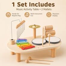 1 Set Wooden Music Activity Table Toy For Kids, Multi-Instrument Play Set With Xylophone, Drum, Cymbal, Chime And 2 Mallets - Multicolor - View 1