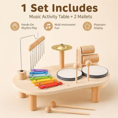 1 Set Wooden Music Activity Table Toy For Kids, Multi-Instrument Play Set With Xylophone, Drum, Cymbal, Chime And 2 Mallets