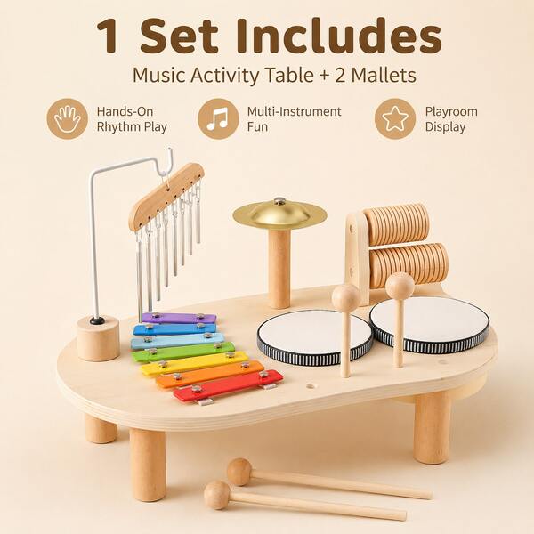 1 juego de mesa de actividades musicales de madera para niños, juego de instrumentos múltiples con xilófono, tambor, platillo, campana y 2 mazos.