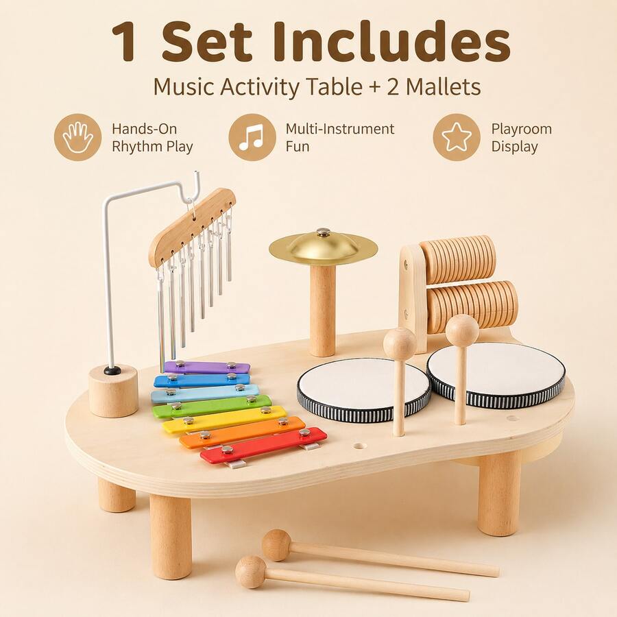 1 Set Wooden Music Activity Table Toy For Kids, Multi-Instrument Play Set With Xylophone, Drum, Cymbal, Chime And 2 Mallets - Multicolor - View 1