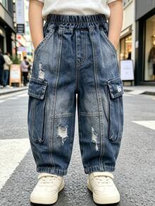 Boys' Loose Fit Distressed Cargo Denim Jeans, Autumn Long Pants, Suitable For Back To School, Daily Wear, Outdoor Activities - Blue - View 1