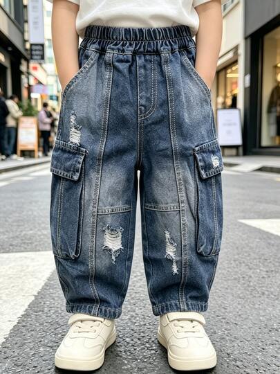 Celana Jeans Denim Kargo Longgar dan Sobek untuk Anak Laki-Laki, Celana Panjang Musim Gugur, Cocok untuk Kembali ke Sekolah, Pakaian Sehari-hari, dan Aktivitas Luar Ruangan