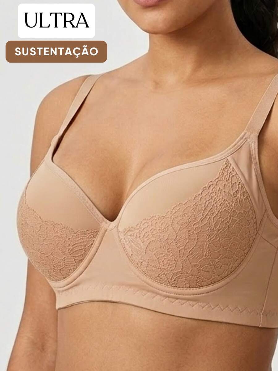 High-Support Bra With Wide Side Panels, Slimming Effect, In Anti-Mark Lace And Polyamide, Underwire And Padding, Comfortable Fit, Non-Removable Polyamide And Lace Compression Bra. Breathable, Quick-Drying, Odor-Resistant, Elastic, Maximum Support. - Krem - View 1