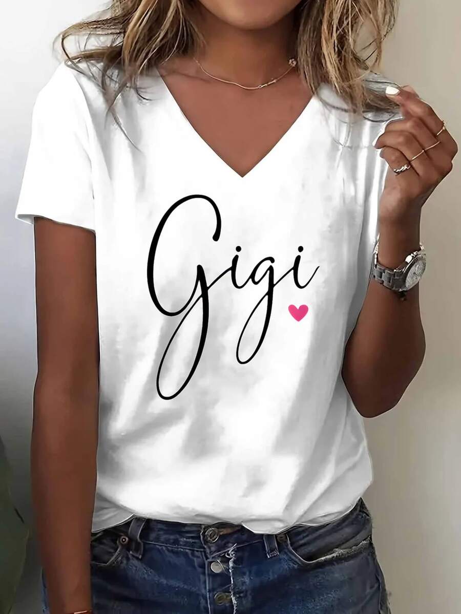 Camiseta de Mujer con Cuello en V Relajado, Diseño de Gigi y Motivo de Corazón Rosa - una Camiseta de Manga Corta Suave y Transpirable, Ideal para Uso Diario, Lavable a Máquina, un Excelente - Blanco - Ver 1