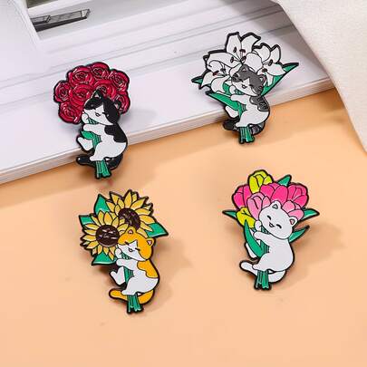 Cute Floral Cat Metal Brooch Set, Zinc Alloy Cartoon Cat Holding Flower Enamel Pin, Floral Style Lapel Pin Accessory, Suitable For Canvas Bags And Various Outfits, Perfect Small Gift For Birthdays And Holidays