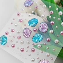 2pcs 3D Face Crystal Rhinestone Stickers, Blue Purple Mermaid Pearl Design, Perfect For Makeup And Body Decoration - 彩色 - 查看 8