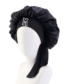 1pc A-Z Letter Adjustable Tie Style! Black Satin Letter Hair Care Sleep Cap, Women's Exclusive, Home Sleep Hair Care Bonnet, Luxury Care Hat - Black - View 9