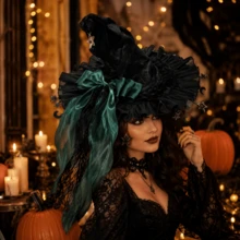 Halloween Witch Hat Gothic Wizard Hat Headwear With Detachable Bow - Green - View 6