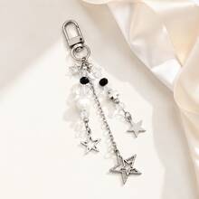 1pc Black & White Minimalist Star Beaded Keychain Pendant, Double-Layered Large & Small Pentagram Cross Metal Charm, Sweet & Cool Versatile Accessory For Backpacks And Phone Cases - Black and White 2 - View 6