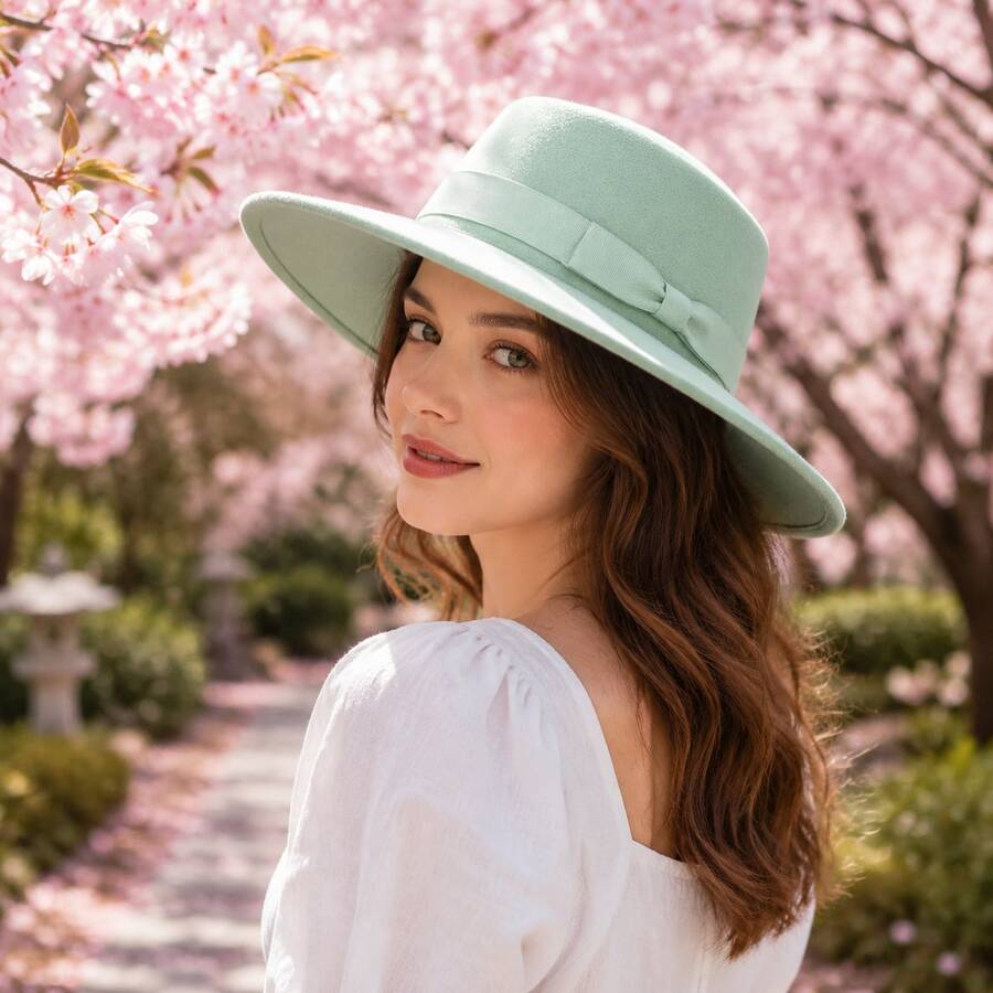 JEWELRYWE Fashionable Simple Bowler Hat, Wide Brim Fedora Hat For Women, Panama Felt Hat, With Bow Belt,  Evening Party Outfit Accessories, For Gifts - 米色 - 查看 1