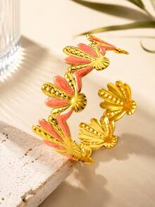 2 PIEZAS Pulsera de acero inoxidable con diseño de combinación de plumeria/vieira de estilo elegante y suave, moda minimalista para vacaciones en la playa, adecuada para uso diario de mujeres/fiesta de jardín/banquete nocturno/ropa de vacaciones/se puede dar como regalo festivo a amigos - Amarillo Oro - Ver 5