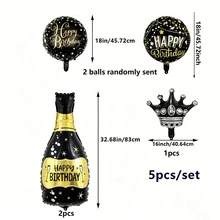5件組黑金香檳瓶氣球套組，含生日祝福與黑銀皇冠裝飾，適用生日慶祝、婚禮週年紀念、成年禮及其他場合 - 生日黑色酒瓶皇冠套裝 - 查看 2