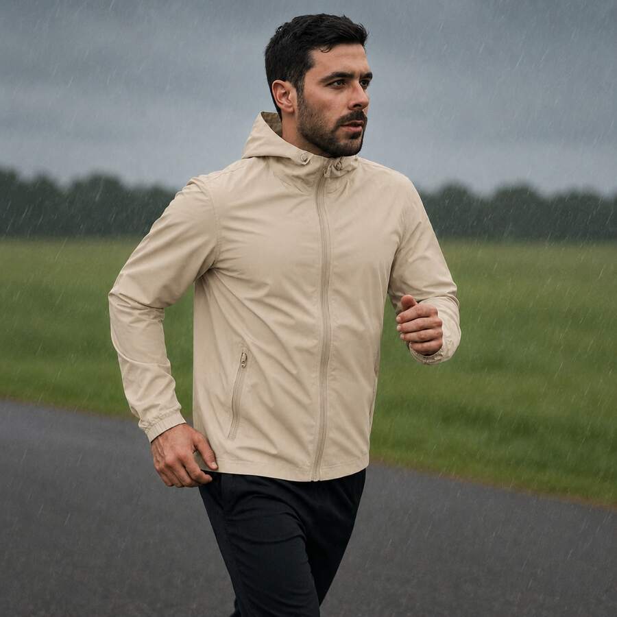 Men's Black Waterproof Windbreaker Jacket With Removable Hood, Sportswear For Gym Or Running, Water Resistant, Lightweight, Fitness, Training, Hiking, Casual, Autumn/Winter - 米色 - 查看 1