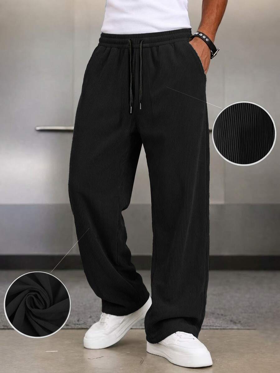 Men's Wear; 1 Pair Men's Loose Fashion Sports Long Pants, Minimalist Solid Color Wide Leg Casual Fit, Drawstring Waist Design, Large Pockets, Suitable For Daily Walking, Work, Travel And Other Occasions. A Perfect Father's Day Gift For Dad - Black - View 1