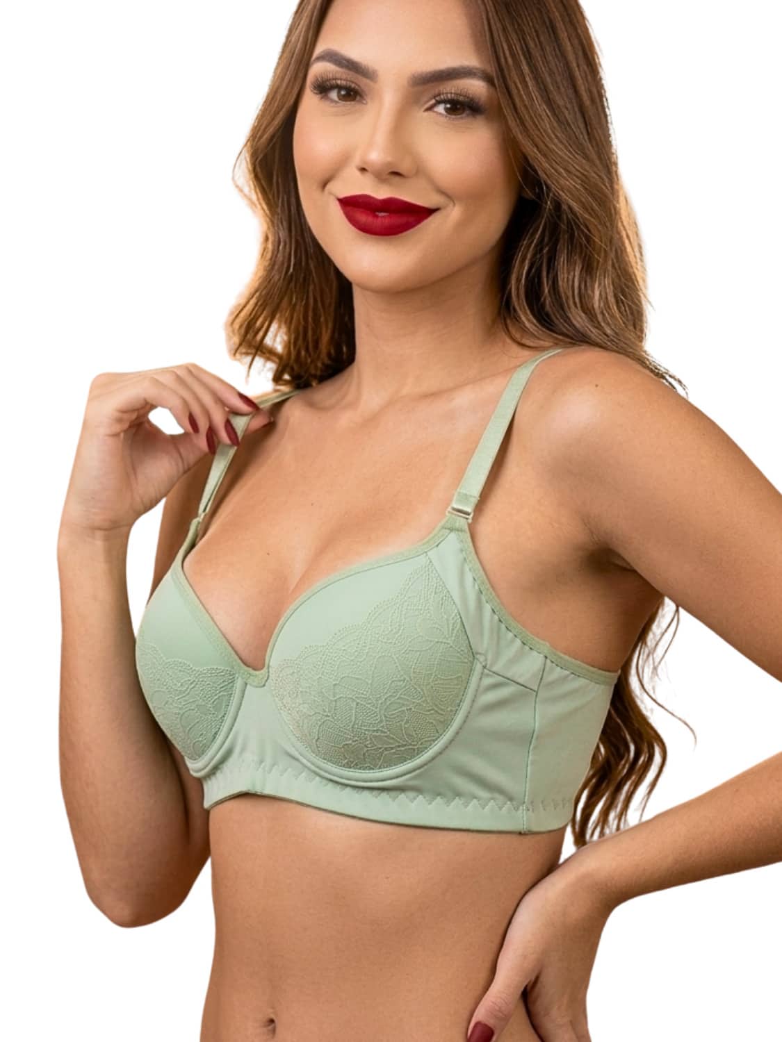 High-Waisted, Wide-Sided, Slimming Bra In Floral Lace, Polyamide Fabric, Underwire And Padding, Non-Removable Compression, Push-Up Bra, Maximum Support. - Mint Green - View 1