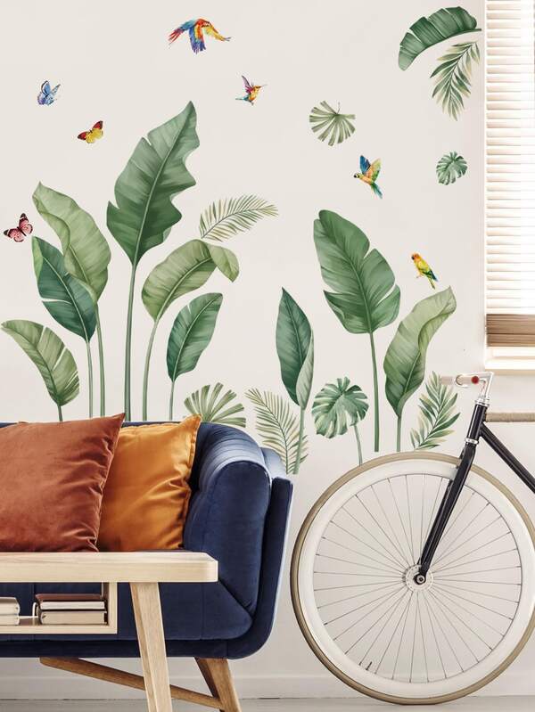 1pc Fresh Tropical Green Plant & Bird Wall Decal Sticker, Removable Room Decor For Bedroom, Living Room, Entryway