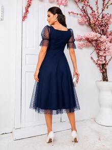 Vestido Feminino Elegante de Festa Casamento Civil Madrinha Rodado de Tule - Azul Marinho - Visão 3