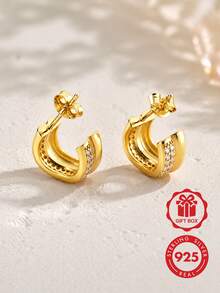 Fashion 925 Sterling Silver Women's Elegant Double-Layer Geometric Stud Earrings - Diamond - View 3