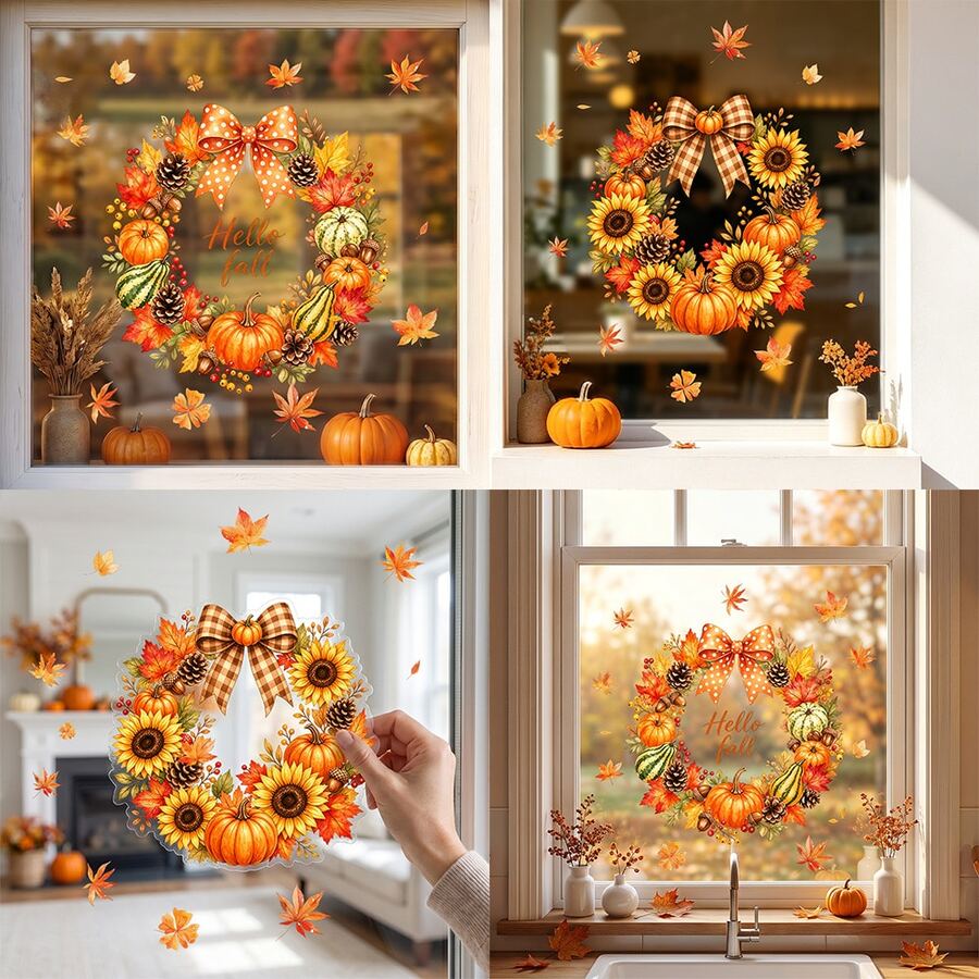 1/2件裝秋季花環窗貼 Hello Fall 南瓜向日葵楓葉靜電貼紙 雙面可移除玻璃貼紙 感恩節商店門窗居家裝飾