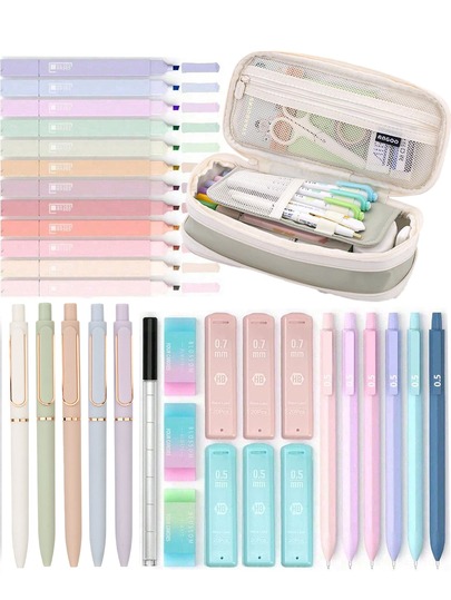 4 Types Of Candy: 18/26/35/39 Pieces. Exquisite Stationery Set, Includes 1 Cute Pen Cap, 12 Soft Color Highlighters, 5 Black Gel Ink Pens, And Various Elegant Ballpoint Pens And Pencils, Suitable For Students (Pink), Back To School Essential, Stationery Supplies, Desk Accessories