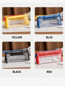 1pc Preppy Colorblock Clear Mesh TPU Oxford Fabric Rectangular Pencil Case With Zipper, Multi-Layer Large Capacity Letter Print Cosmetic Bag, Portable Student School Office College Supplies Desk Stationery Organizer, All-Season - Multiple Colors and Styles - View 6