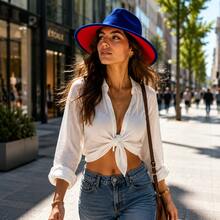 JEWELRYWE Wide Brim Fedora Hat For Men Women, Classic Felt Panama Hat, Two-Tone Teardrop-Shaped Hat, Casual Party Evening Hat - 紅色 - 查看 6