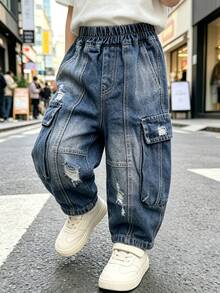 Boys' Loose Fit Distressed Cargo Denim Jeans, Autumn Long Pants, Suitable For Back To School, Daily Wear, Outdoor Activities - Blue - View 5