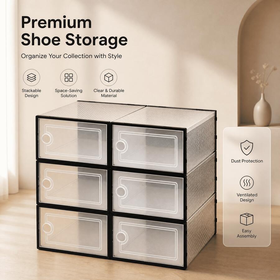 6/12/24-Pack Shoe Storage Boxes, Transparent Plastic Stackable Shoe Cabinet Organizer, Space-Saving Folding Athletic Shoe Container Rack - 查看 1