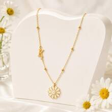 1pc Simple Vintage Initial Daisy Pendant Golden Stainless Steel Bead Chain Necklaces For Women - Yellow Gold - View 3