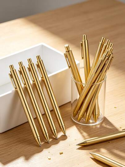 1/5/10支裝金色細身可伸縮圓珠筆（大包裝）--黑色墨水、中尖(0.5mm)、塑膠材質；適用於服務人員、婚禮賓客簿、婚前派對小禮物及辦公場景，返校季禮物(金色)