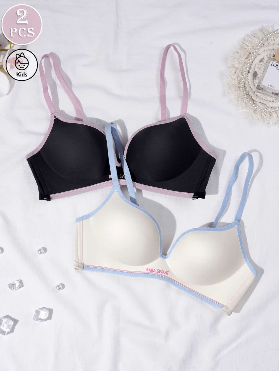 2 Buah Bra Tanpa Kawat Motif Blok Warna Polos untuk Remaja Perempuan, Cocok untuk Usia 13-16 Tahun - MultiWarna - View 1