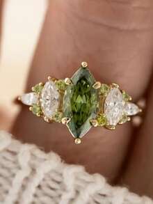 1pc Creative 4-Prong Water Drop Pear-Shaped Geometric Olive Green Couple Ring For Women, Suitable For Valentine's Day, Party, Gathering Gift Jewelry - Yellow-green - View 1