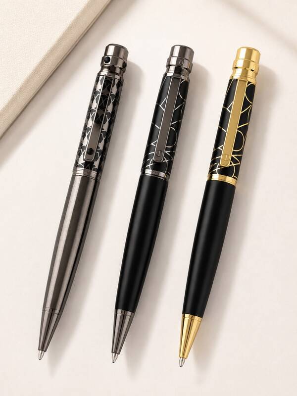 Luxury Metal Writing Pen, Refillable Ballpoint Pen With Geometric Pattern, Smooth Office School Signature Pen For Notes, Journal, Business Gift