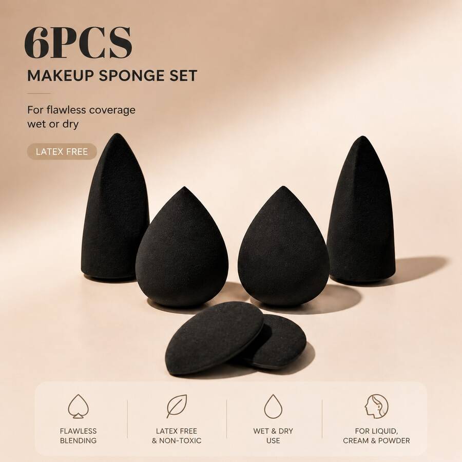 6pcs Black Makeup Sponge Puff Set, Soft Skin-Friendly, Smooth Application, Wet & Dry Dual Use, Natural Base Makeup Cosmetic Tool Combination Pack - Black - View 1