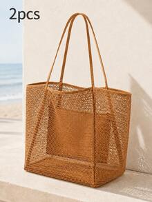 4Pcs Large Mesh Beach Tote Bag With Zipper Pocket, Lightweight Shoulder Bag For Pool, Travel, Shopping, Gym, Picnic, Vacation And Daily Use - Beige - View 9