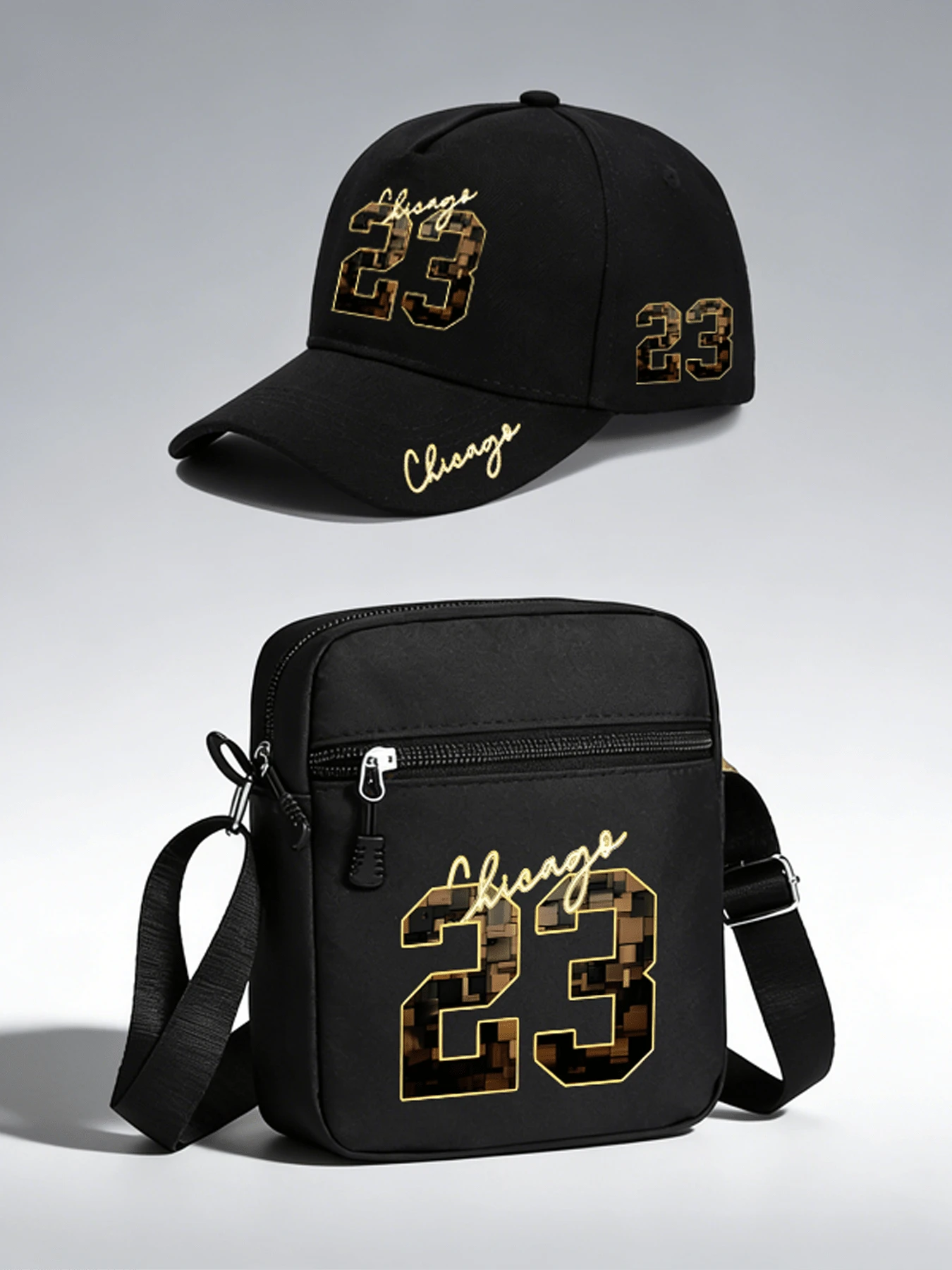 1pc/2pcs "Chicago 23" Gold Personalized Number Graphic Print Unisex Curved Brim Baseball Cap And Crossbody Bag, Street Fashion Outdoor Sports Baseball Cap And Bag, Adjustable, Gift For Yourself Or Friends - Multicolor - View 1