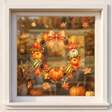 1/2件裝秋季花環窗貼 Hello Fall 南瓜向日葵楓葉靜電貼紙 雙面可移除玻璃貼紙 感恩節商店門窗居家裝飾 - 秋季花圈窗貼 - 查看 7