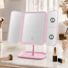 LED 3-Fold Makeup Mirror, Actual 2x/3x Magnification, 3 Lighting Modes, Foldable Storage, Vanity Mirror With Storage Base, Rotatable Makeup Mirror, Touch Control, 600mAh Battery, Ideal Holiday Gift - Multicolor - View 12