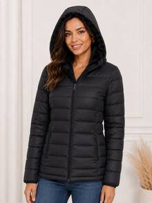 Women's Plush Puffer Jacket With Faux Fur Lining, Hood With Removable Fur, Suitable For Cold Winter And Waterproof. - 黑色帽子無絨 - 查看 12