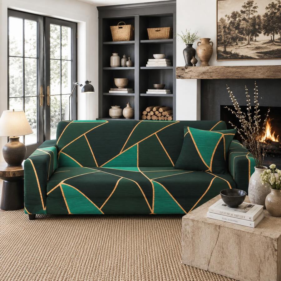 1pc Geometric Pattern Printed Sofa Cover (Including 1pc Pillow Case), Dust-Proof, Dirt-Resistant, Elastic Full Coverage Sofa Protector, Living Room Home Decor, Fits 1/2/3/4 Seater Sofa, All Season, Machine Washable - Green - View 1