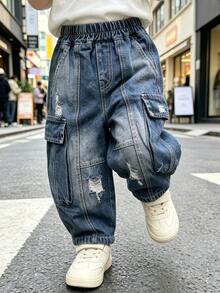 Boys' Loose Fit Distressed Cargo Denim Jeans, Autumn Long Pants, Suitable For Back To School, Daily Wear, Outdoor Activities - Blue - View 3