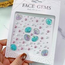 2pcs 3D Face Crystal Rhinestone Stickers, Blue Purple Mermaid Pearl Design, Perfect For Makeup And Body Decoration - 彩色 - 查看 2