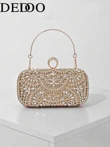 Women Evening Clutches,Oval Hardcase Clutch, Detachable Crossbody Chain, Luxe Vintage Glam Style, For Wedding Prom Cocktail Banquet Ladies All Seasons - Gold - View 2