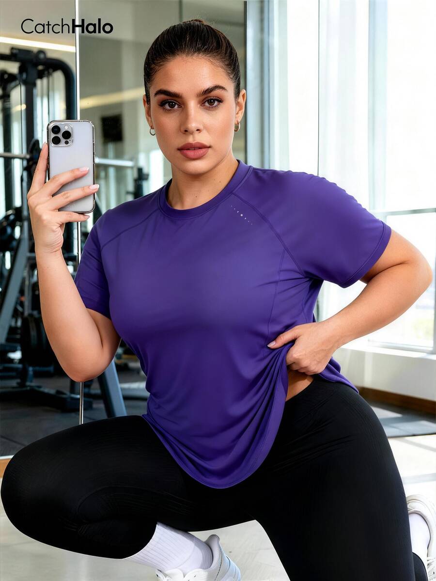Plus Size Women Purple Raglan Sleeve Short Fitness Top Summer Sports - Violet Purple - View 1