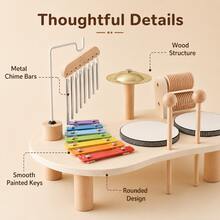1 Set Wooden Music Activity Table Toy For Kids, Multi-Instrument Play Set With Xylophone, Drum, Cymbal, Chime And 2 Mallets - Multicolor - View 7