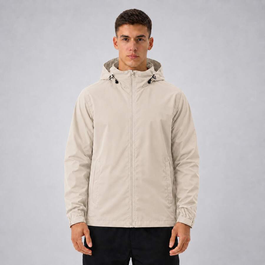 Men's Waterproof Windbreaker With Removable Hood, Sports Jacket For Gym Or Running - 米色 - 查看 1