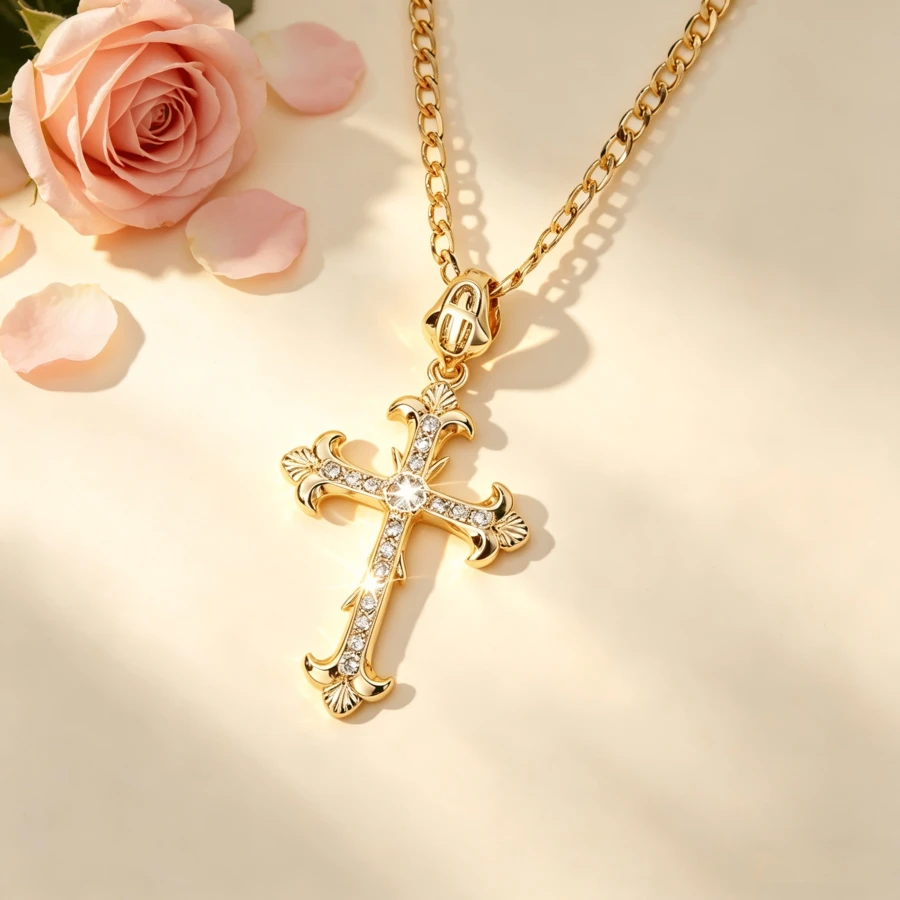 Collar de Cruz de Cristal Tono Dorado, Estilo Gótico Vintage, Joyería Cristiana Unisex, Accesorio de Fiesta Hip-Hop, Regalo Religioso Brillante - Dorado - Ver 1